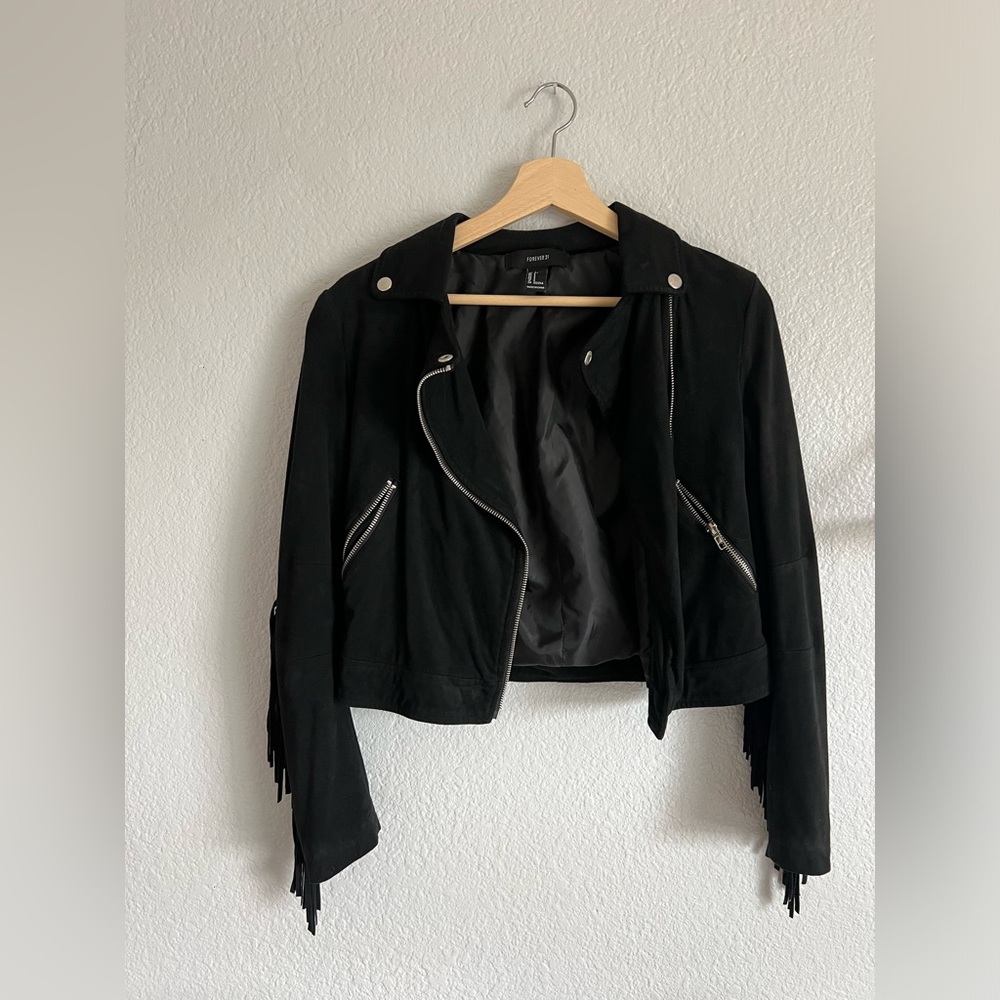 Black Faux Suede Fringe Jacket